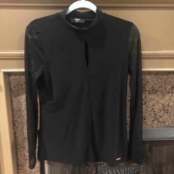 Tahari Black Keyhole Blouse Semi Sheer long Sleeve Size Small - Picture 2 of 6